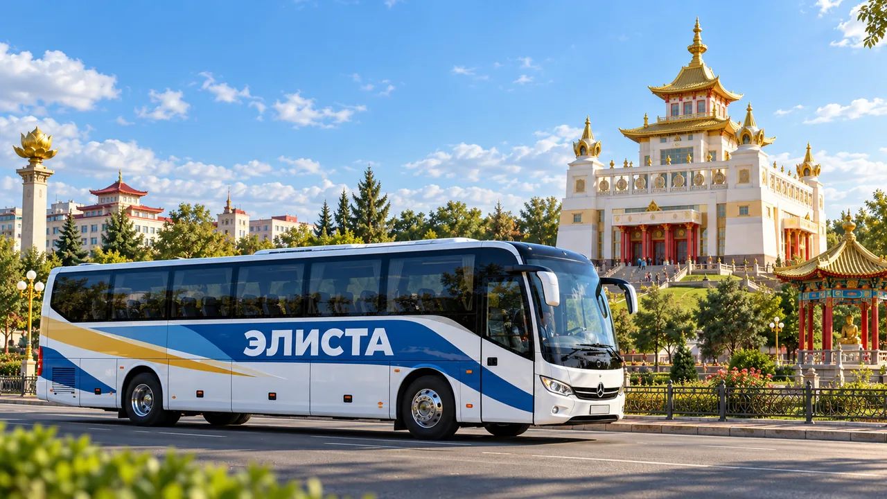 Пассажирский брендированный автобус Элиста на фоне города Элиста